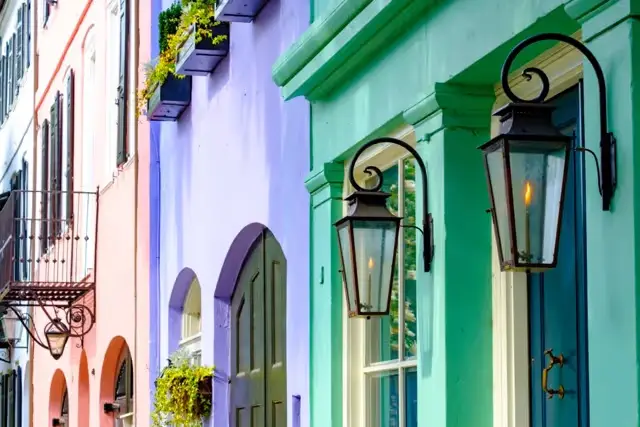 Colorful storefronts with gas lanterns in downtown Charleston